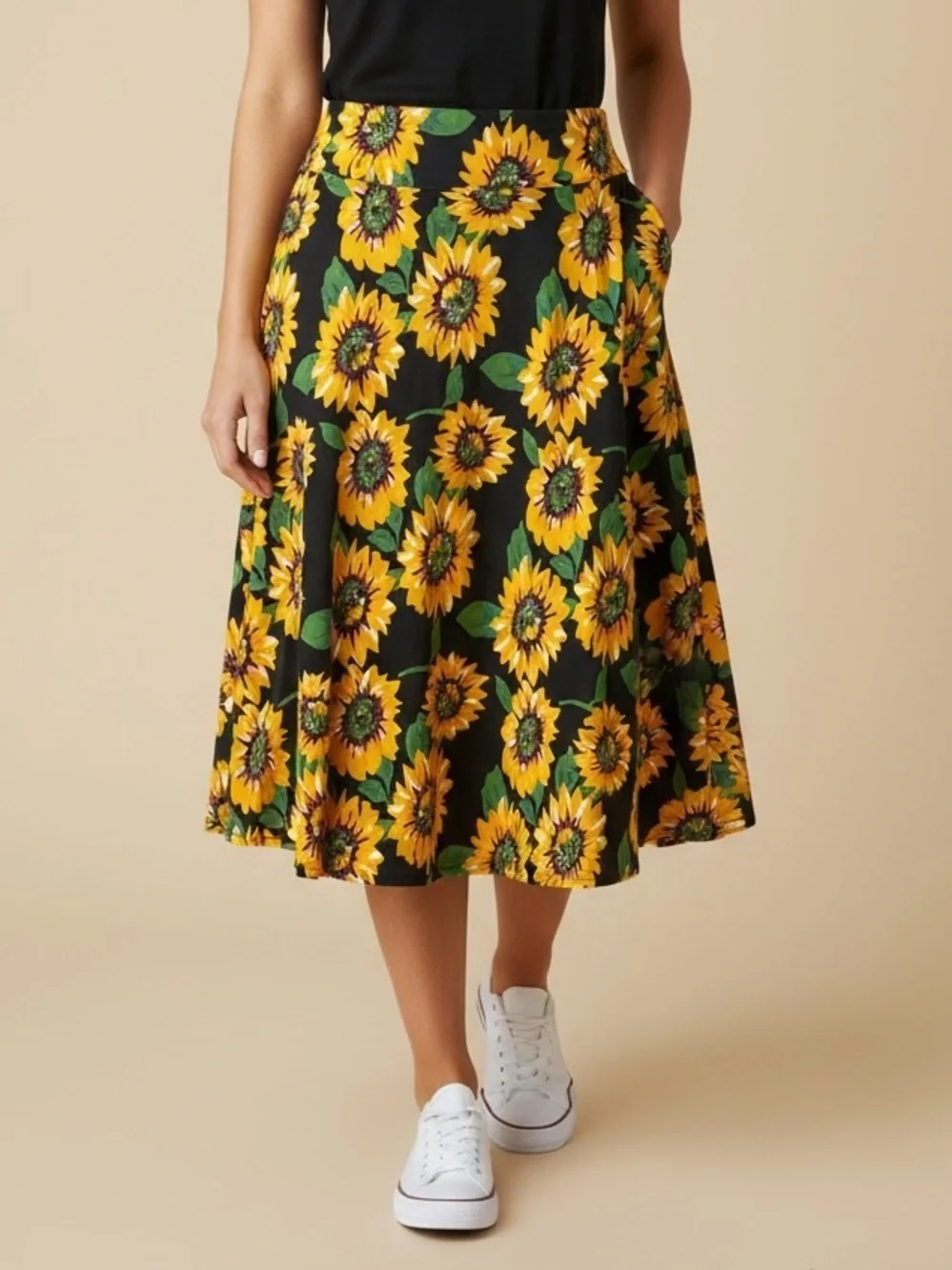 Fancyqube Sunflower Floral A-Line Midi Skirt High Waist Cottagecore Prairie